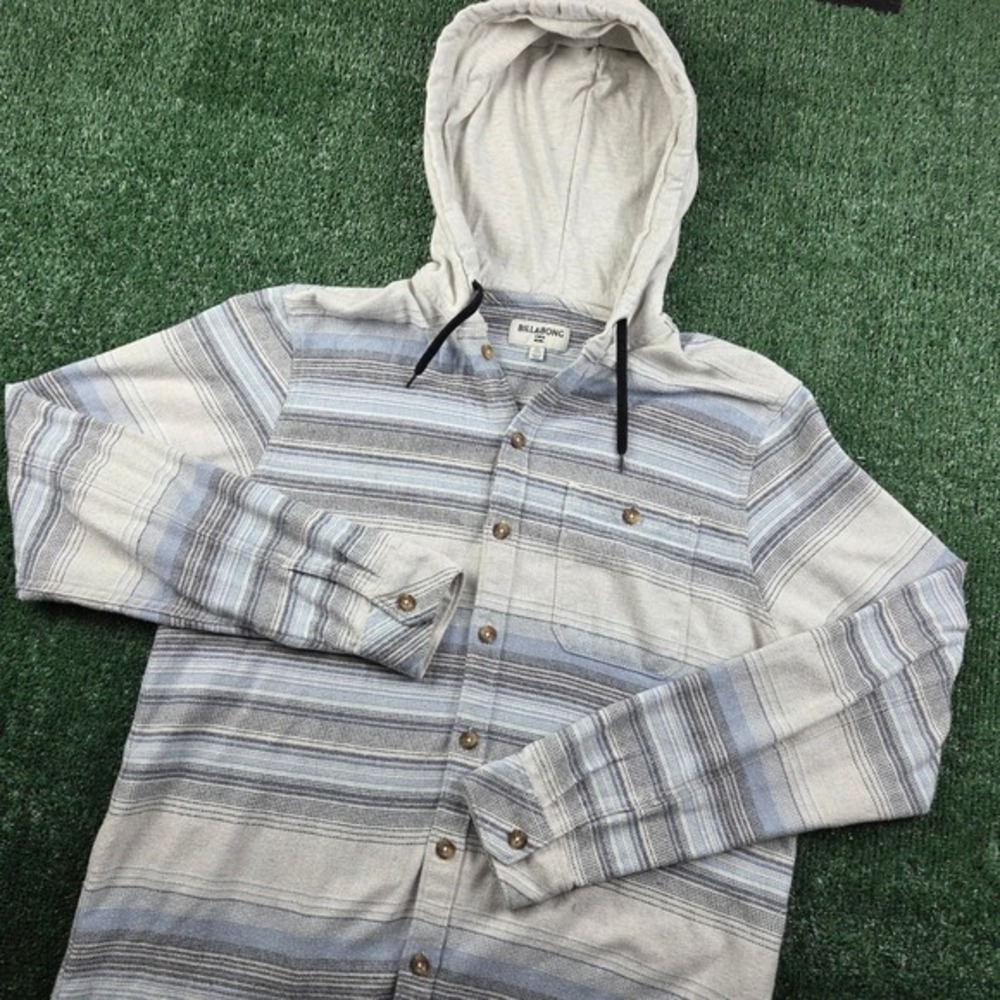 Billabong Mens XL‎ Blue Grey Striped Hooded Flannel Shirt Button Up Long Sleeve